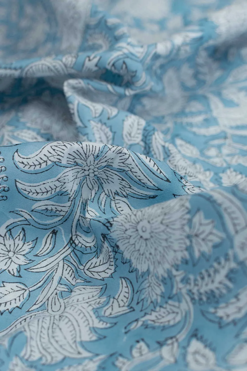 Cream Floral on Blue Sanganeri Cotton Fabric