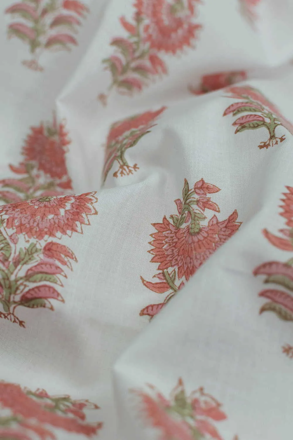 Cream with Peach Motifs Sanganeri Cotton Fabric
