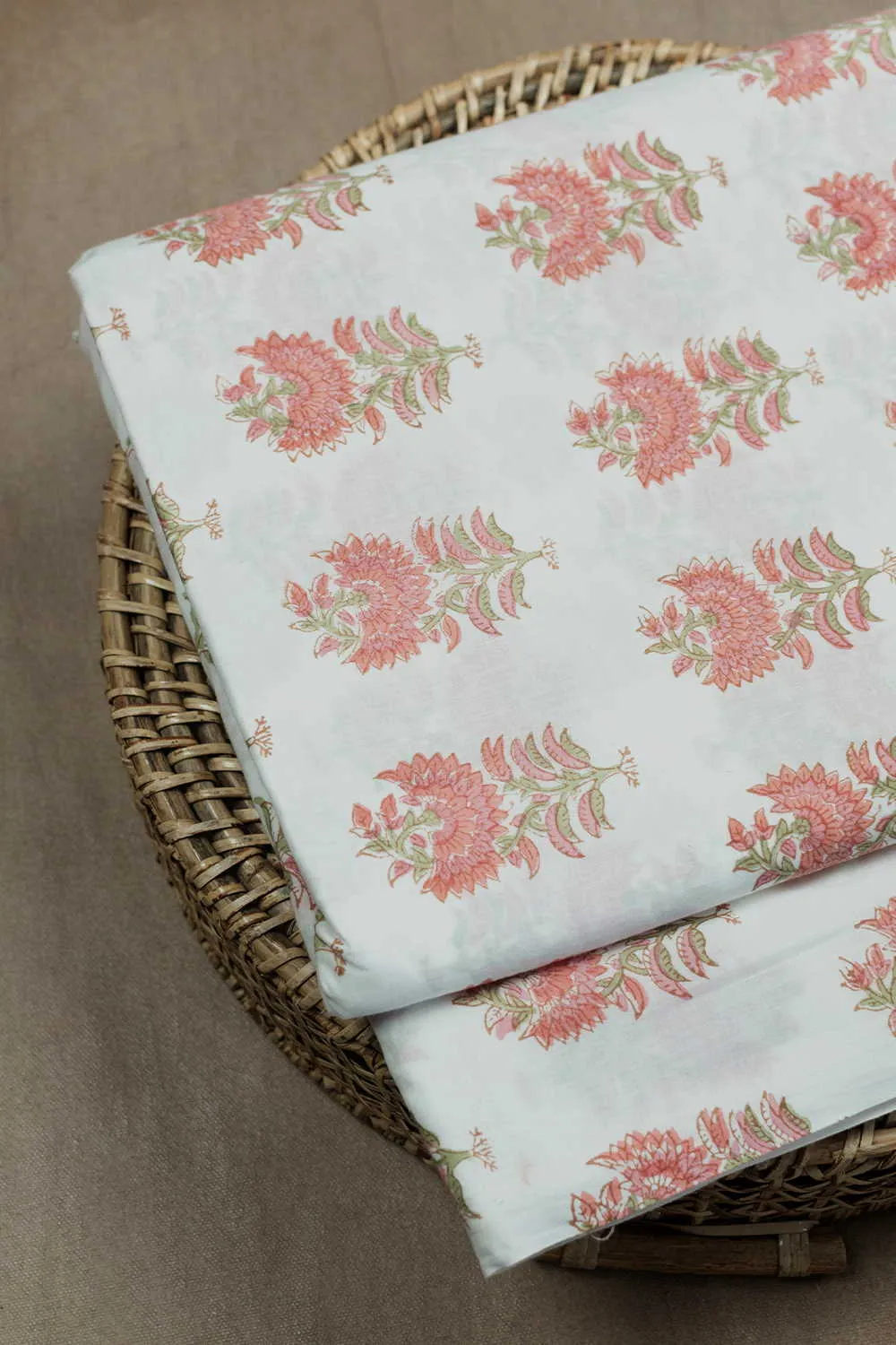 Cream with Peach Motifs Sanganeri Cotton Fabric