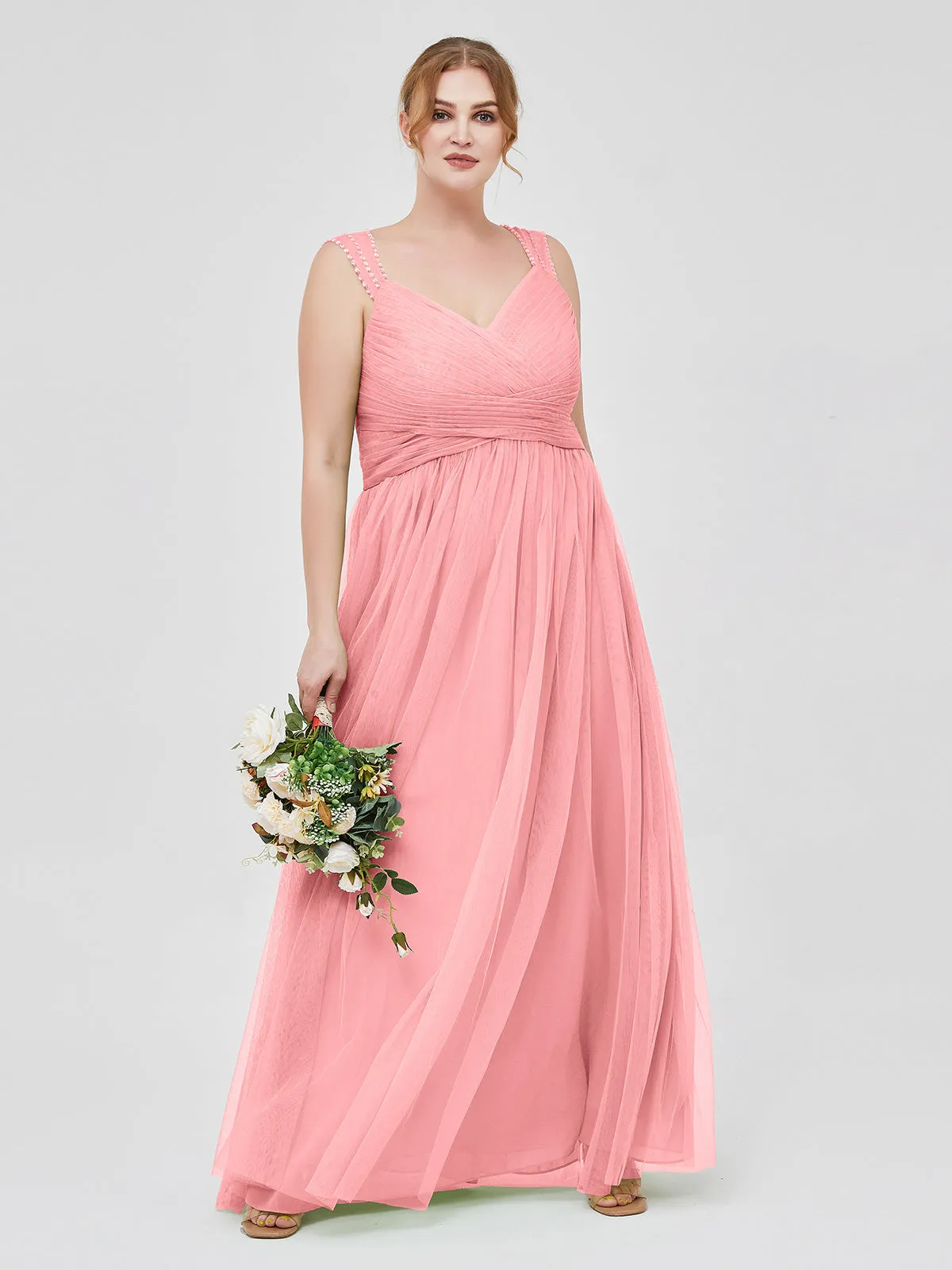 Cross-Pleated Tulle Long Dresses with Beaded Straps Flamingo