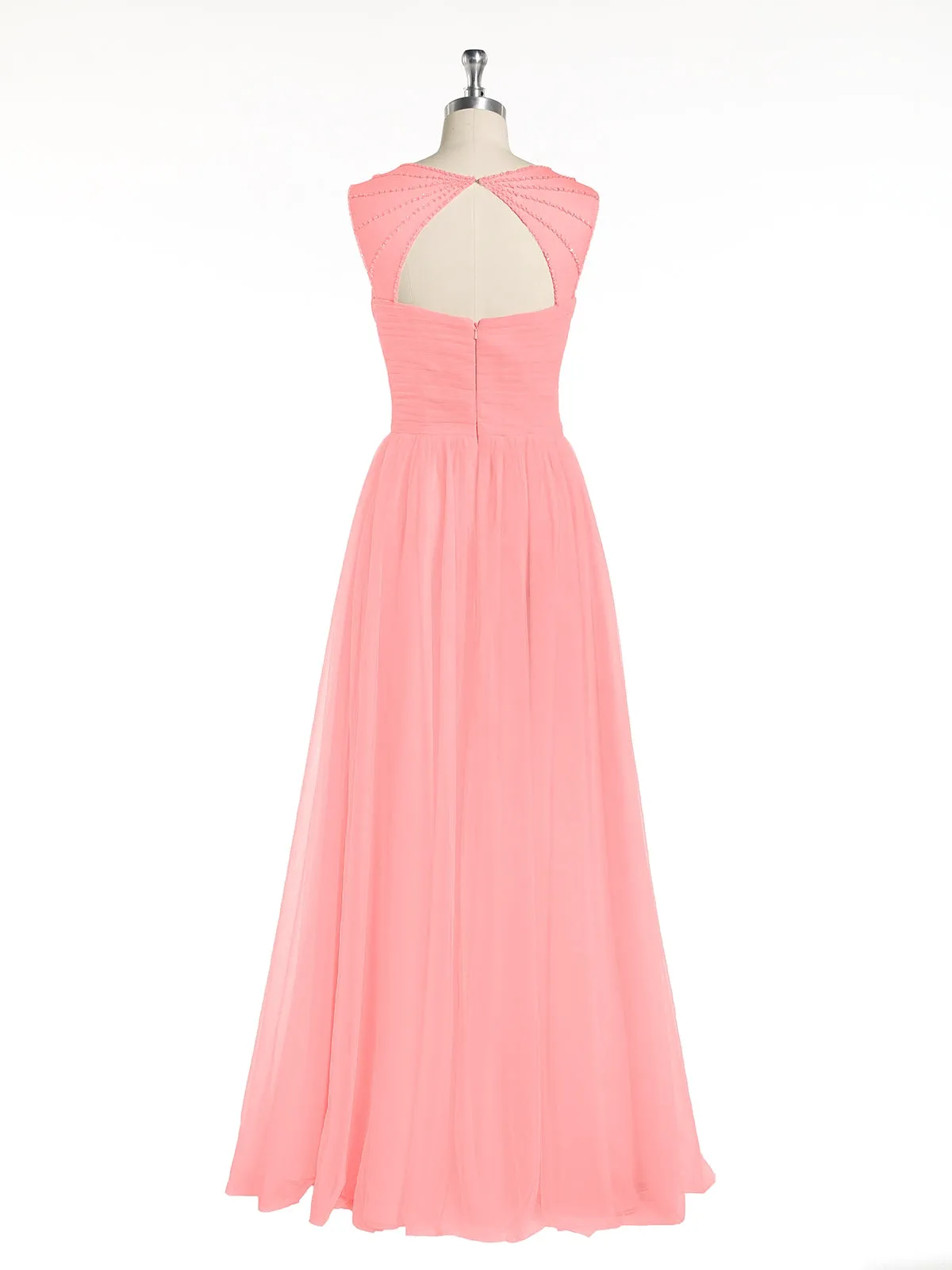 Cross-Pleated Tulle Long Dresses with Beaded Straps Flamingo