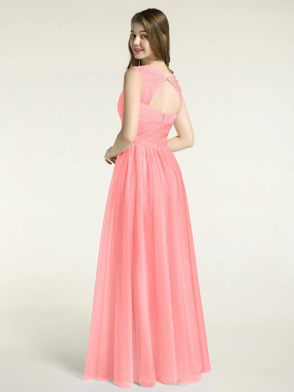 Cross-Pleated Tulle Long Dresses with Beaded Straps Flamingo