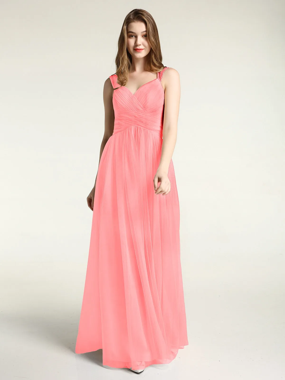 Cross-Pleated Tulle Long Dresses with Beaded Straps Flamingo