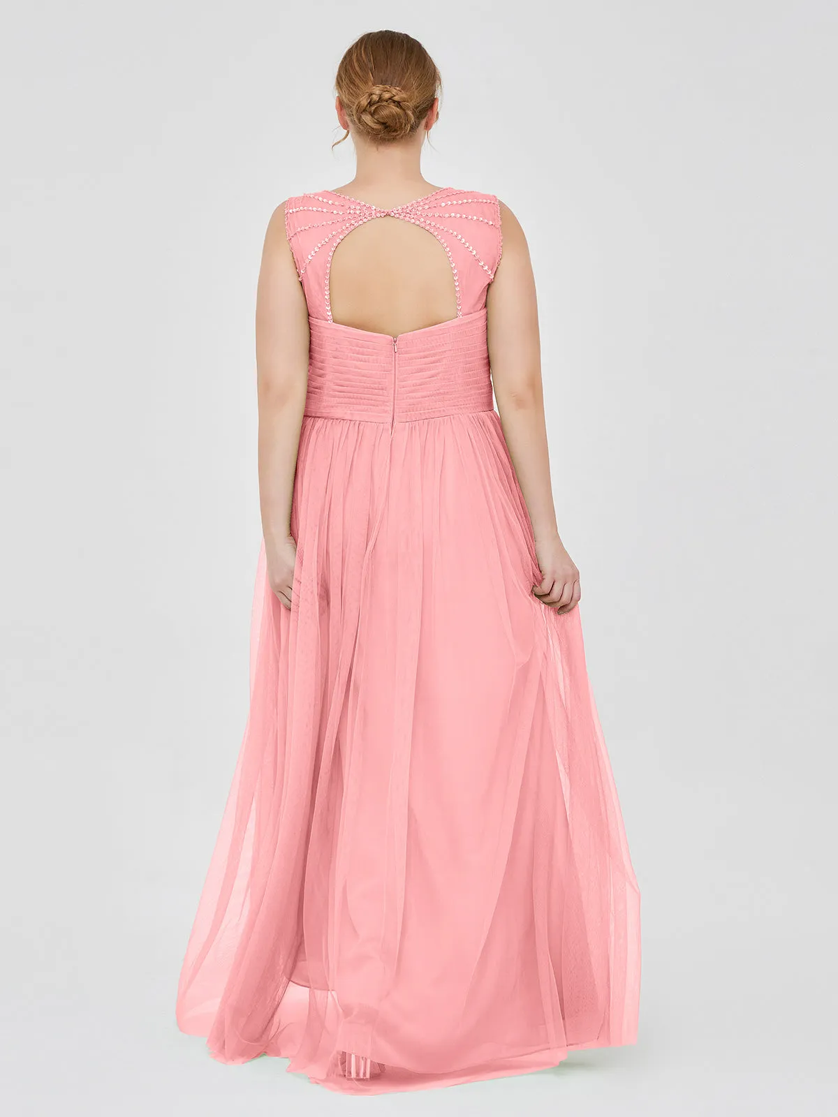 Cross-Pleated Tulle Long Dresses with Beaded Straps Flamingo