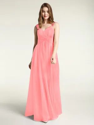 Cross-Pleated Tulle Long Dresses with Beaded Straps Flamingo