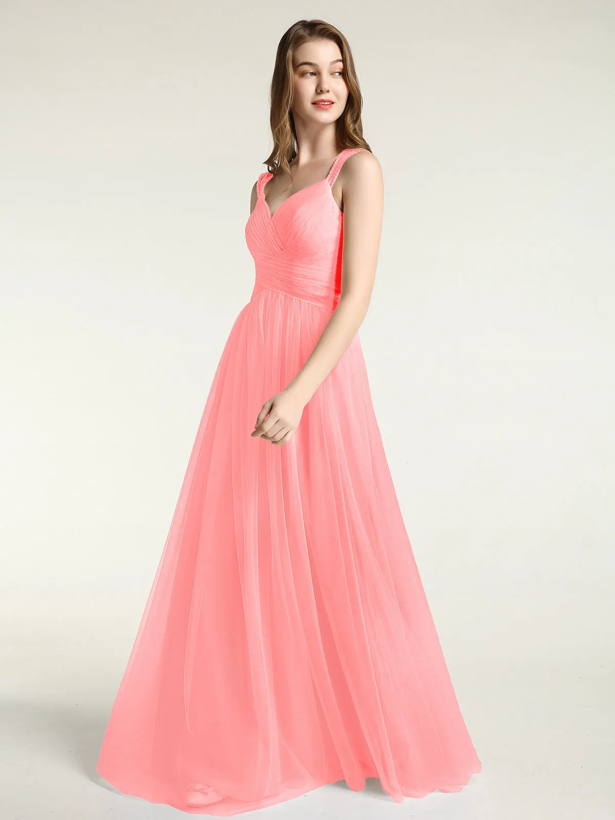 Cross-Pleated Tulle Long Dresses with Beaded Straps Flamingo