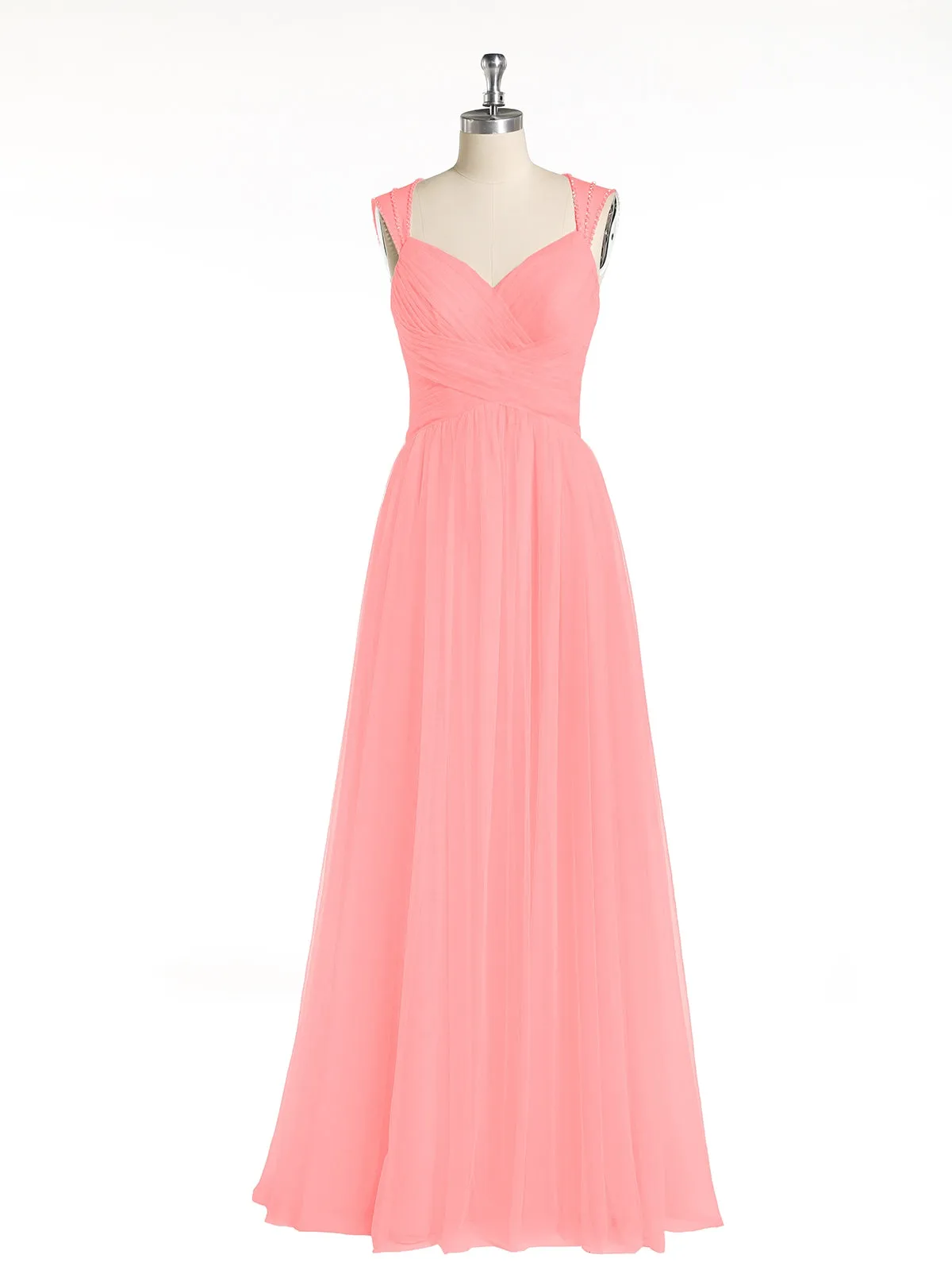 Cross-Pleated Tulle Long Dresses with Beaded Straps Flamingo
