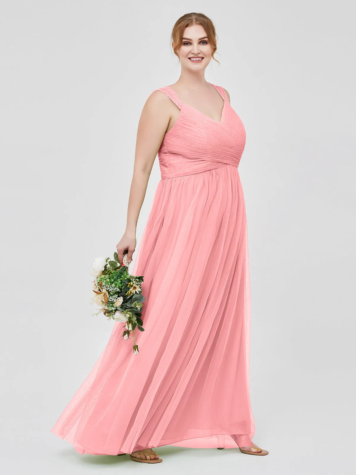 Cross-Pleated Tulle Long Dresses with Beaded Straps Flamingo
