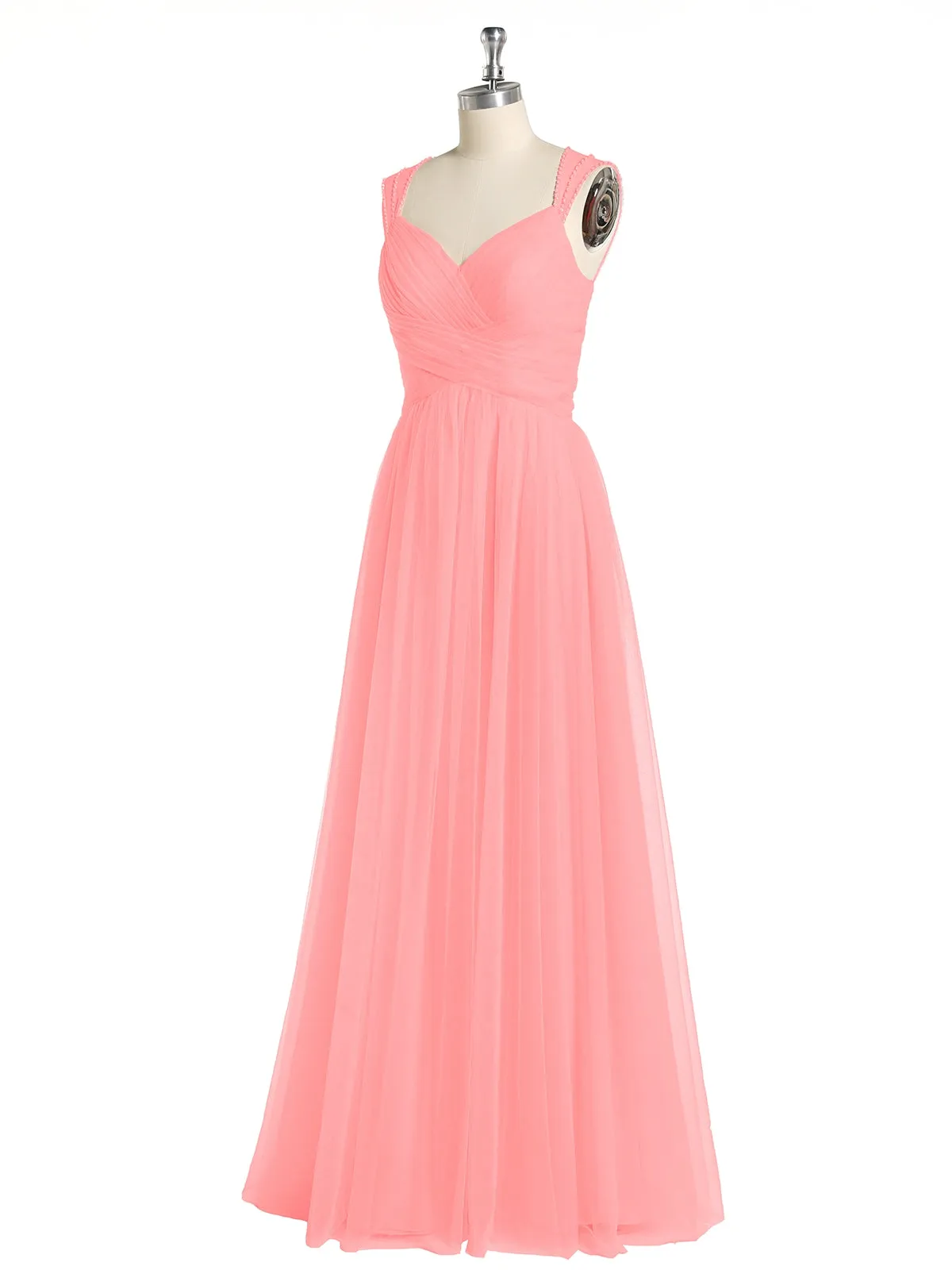 Cross-Pleated Tulle Long Dresses with Beaded Straps Flamingo