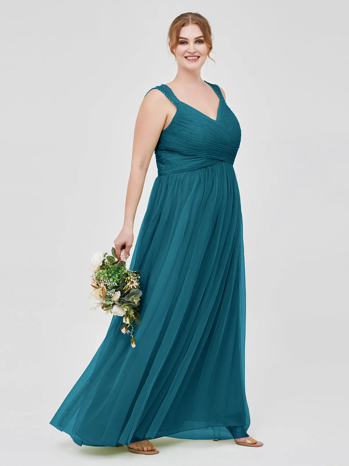 Cross-Pleated Tulle Long Dresses with Beaded Straps Ink Blue