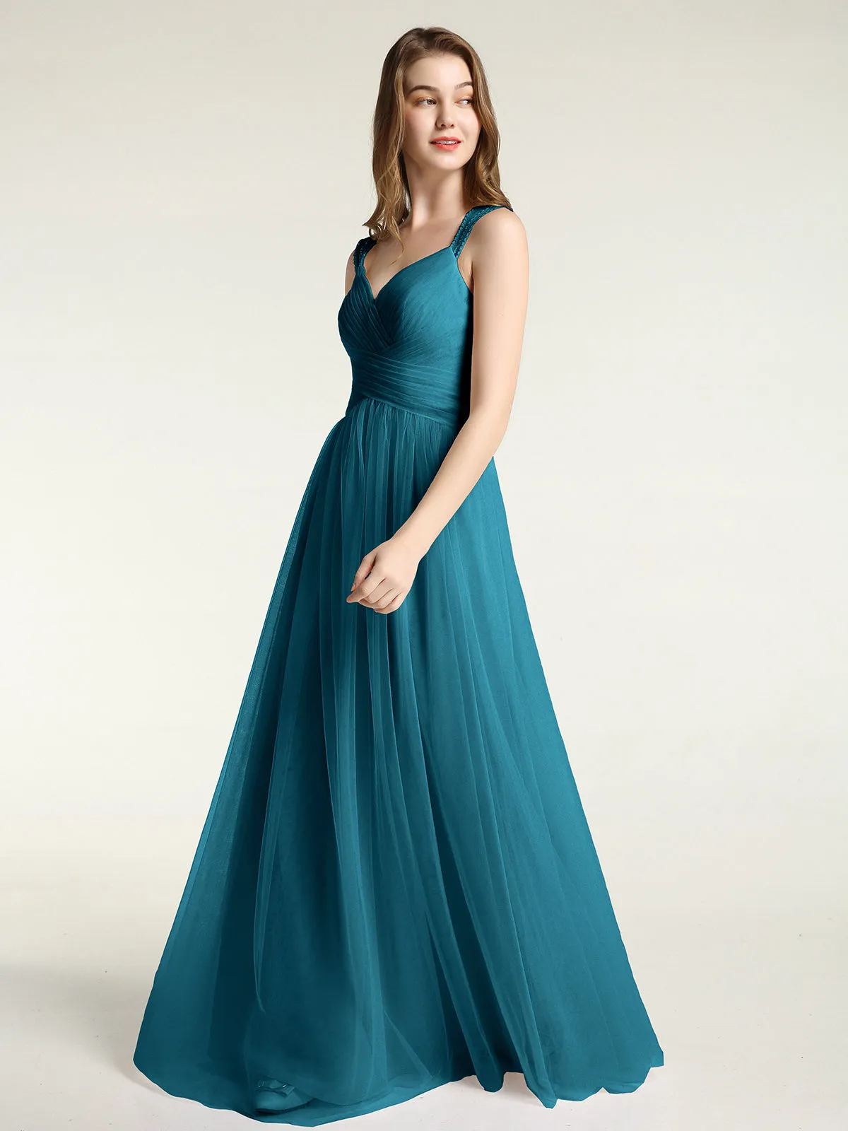 Cross-Pleated Tulle Long Dresses with Beaded Straps Ink Blue