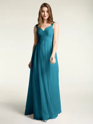 Cross-Pleated Tulle Long Dresses with Beaded Straps Ink Blue