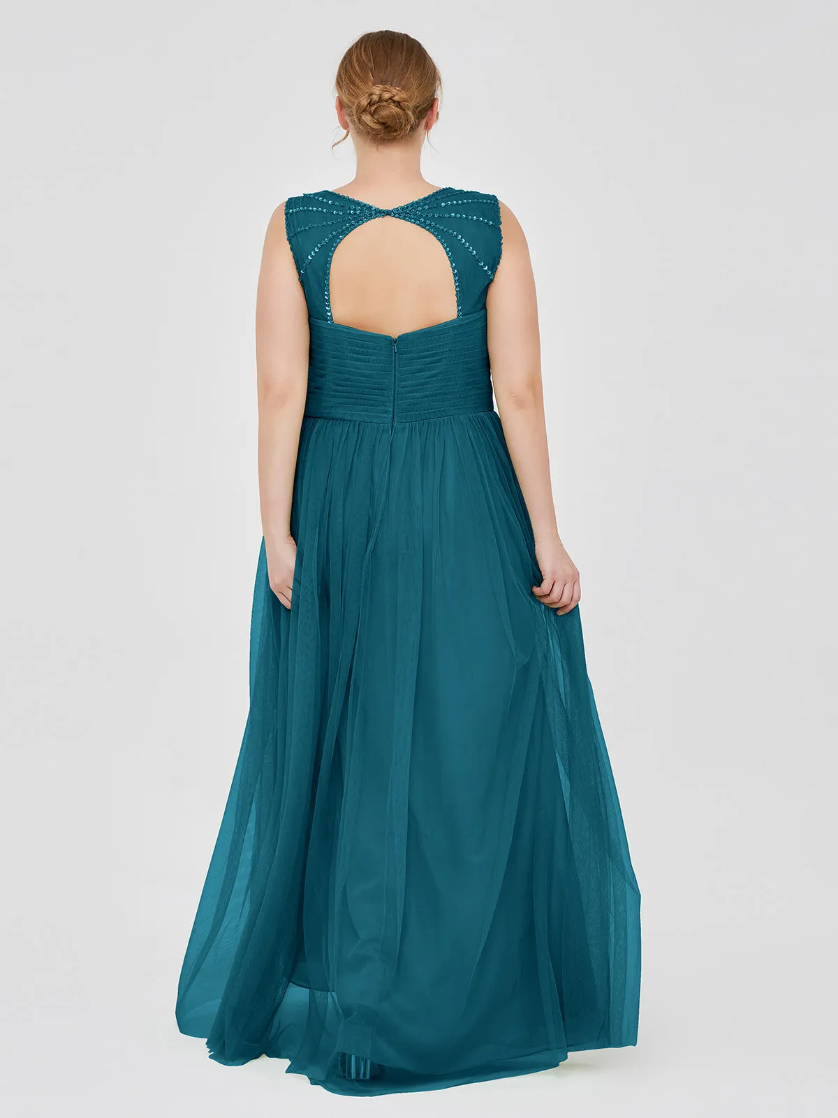 Cross-Pleated Tulle Long Dresses with Beaded Straps Ink Blue