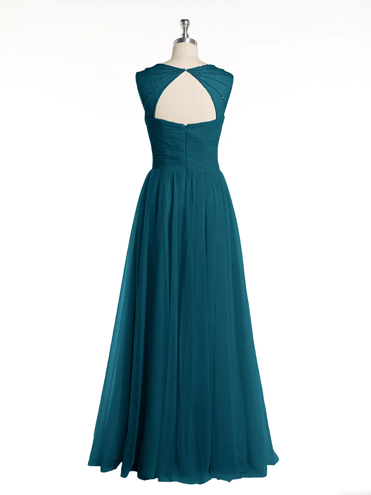 Cross-Pleated Tulle Long Dresses with Beaded Straps Ink Blue