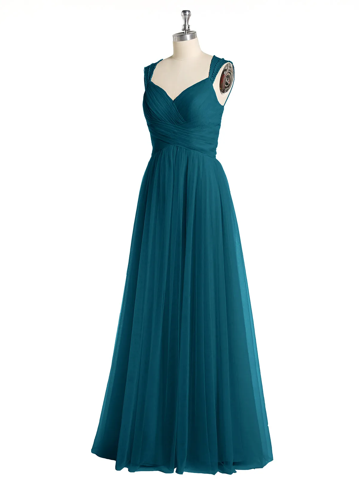 Cross-Pleated Tulle Long Dresses with Beaded Straps Ink Blue