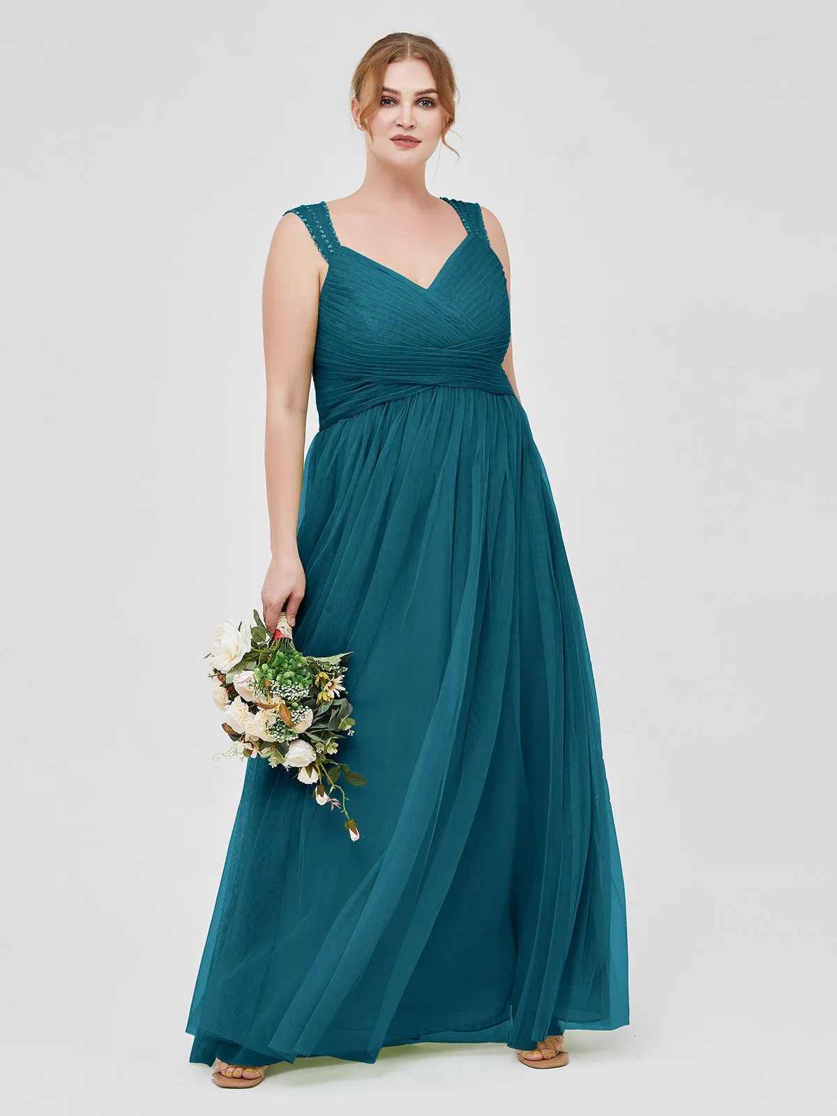 Cross-Pleated Tulle Long Dresses with Beaded Straps Ink Blue