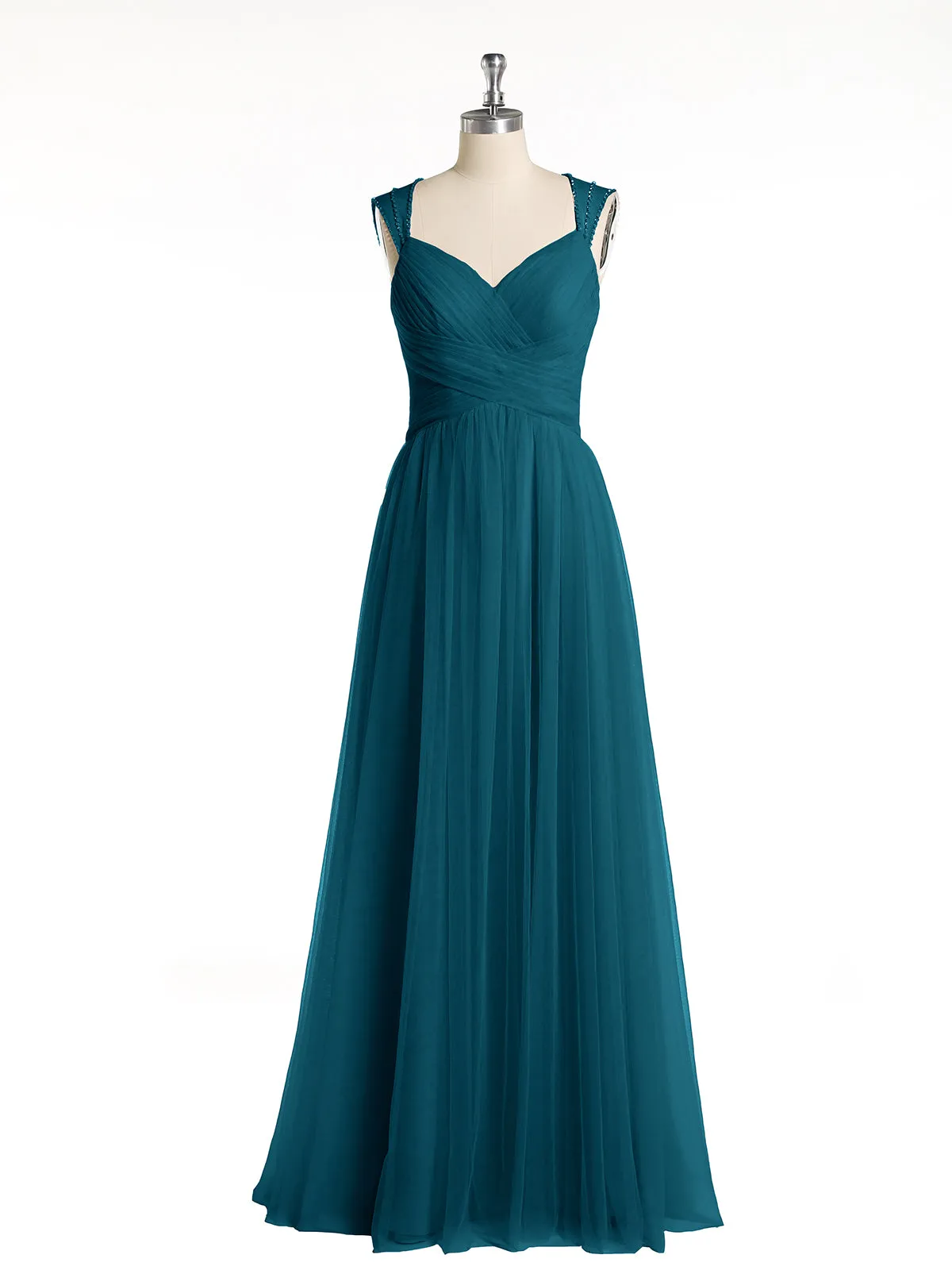 Cross-Pleated Tulle Long Dresses with Beaded Straps Ink Blue