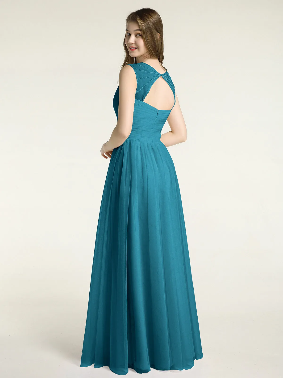 Cross-Pleated Tulle Long Dresses with Beaded Straps Ink Blue