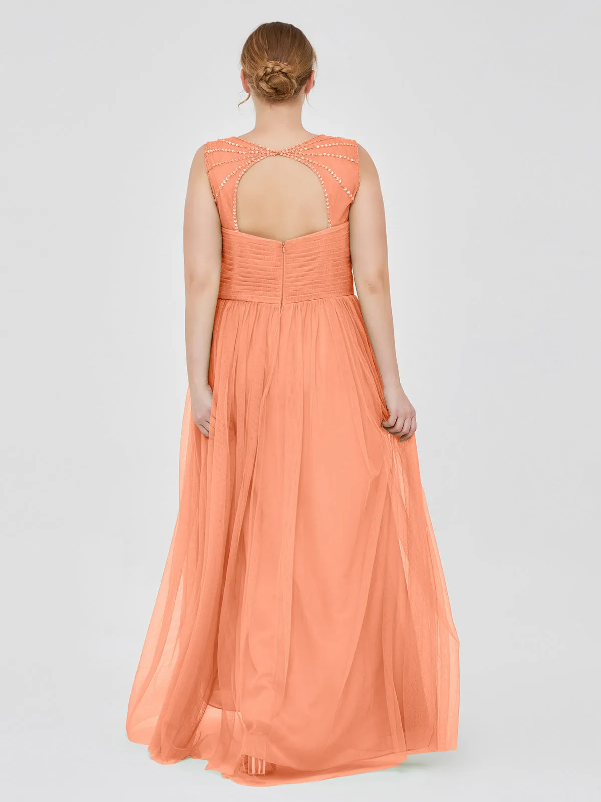 Cross-Pleated Tulle Long Dresses with Beaded Straps Papaya Plus Size