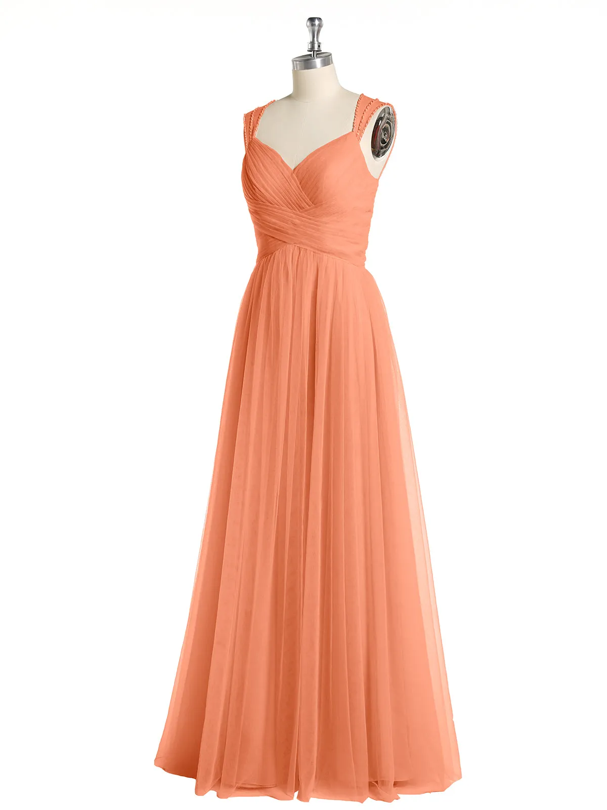 Cross-Pleated Tulle Long Dresses with Beaded Straps Papaya Plus Size