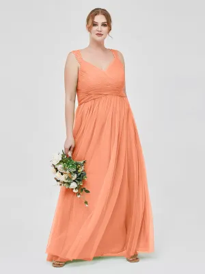 Cross-Pleated Tulle Long Dresses with Beaded Straps Papaya Plus Size