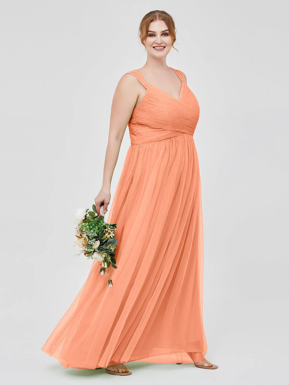 Cross-Pleated Tulle Long Dresses with Beaded Straps Papaya Plus Size