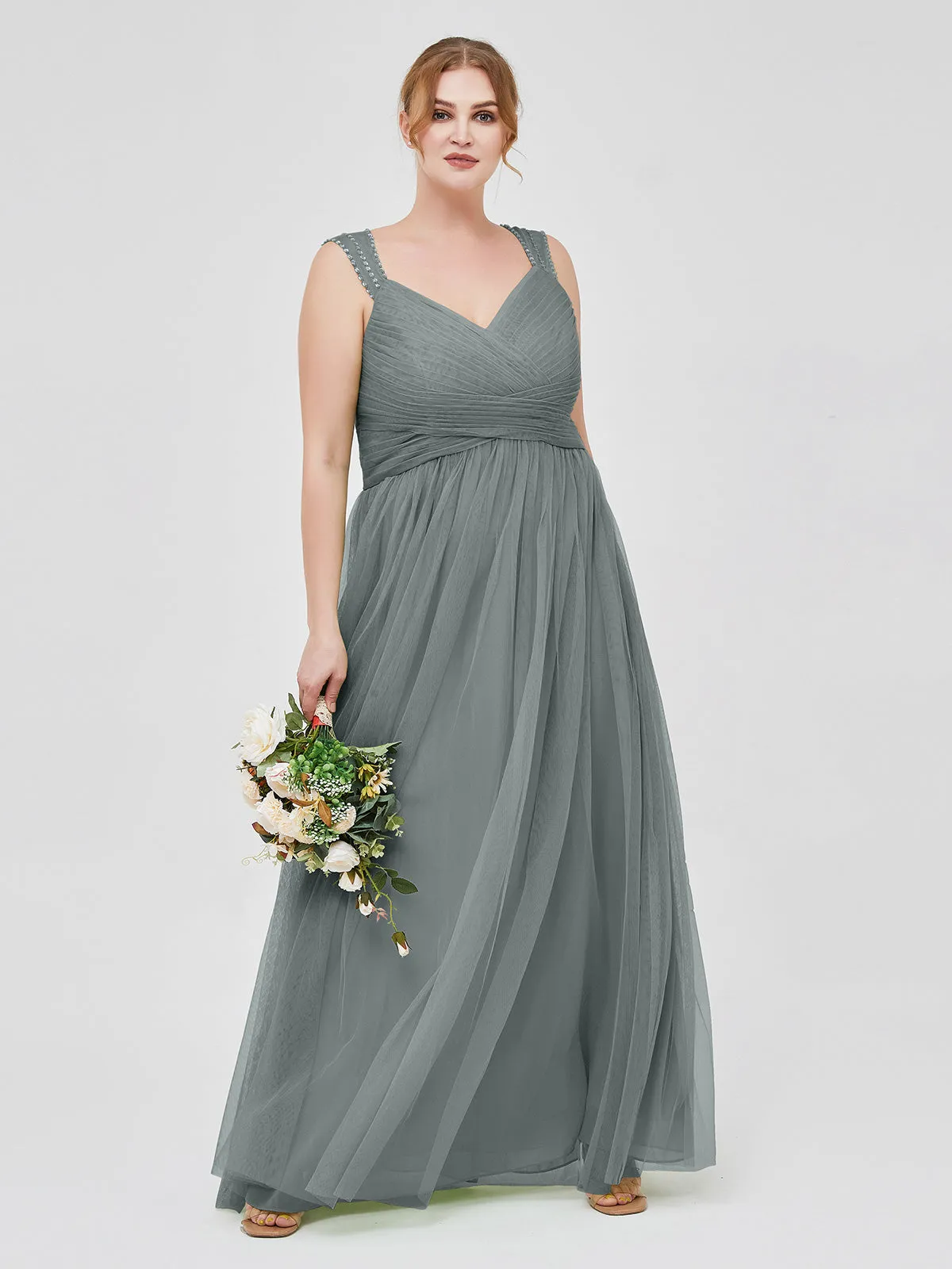 Cross-Pleated Tulle Long Dresses with Beaded Straps Steel Grey