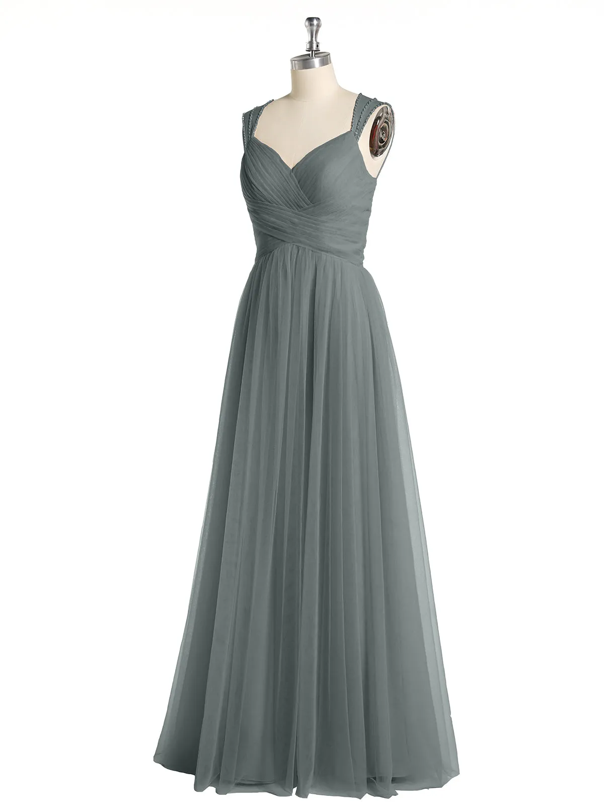 Cross-Pleated Tulle Long Dresses with Beaded Straps Steel Grey