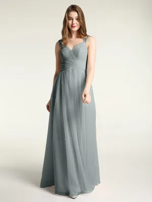 Cross-Pleated Tulle Long Dresses with Beaded Straps Steel Grey