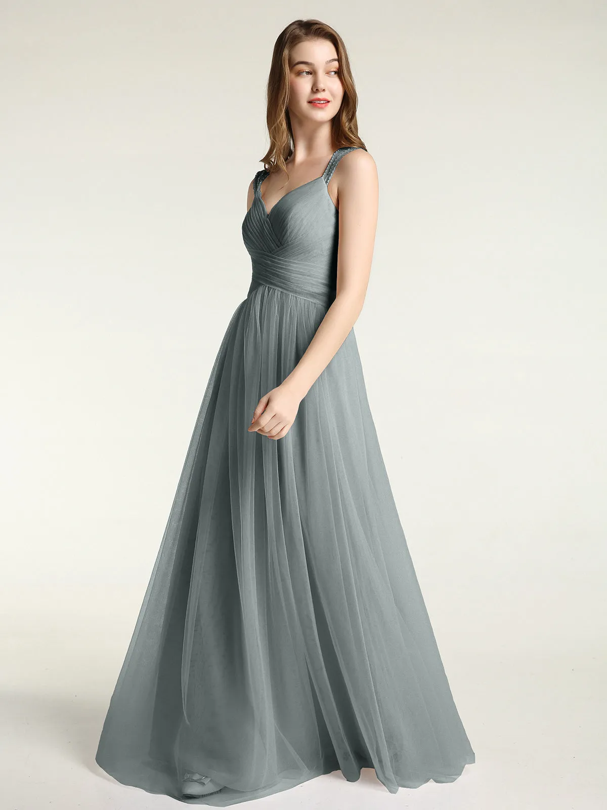 Cross-Pleated Tulle Long Dresses with Beaded Straps Steel Grey