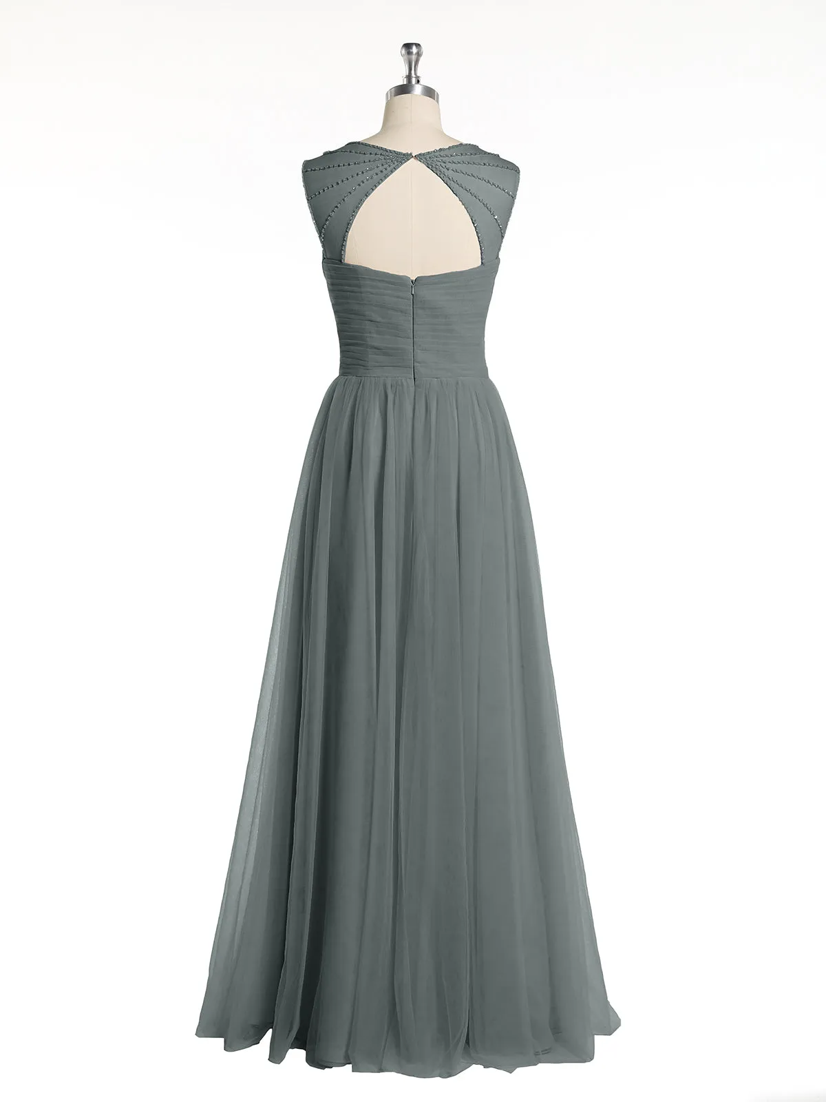 Cross-Pleated Tulle Long Dresses with Beaded Straps Steel Grey