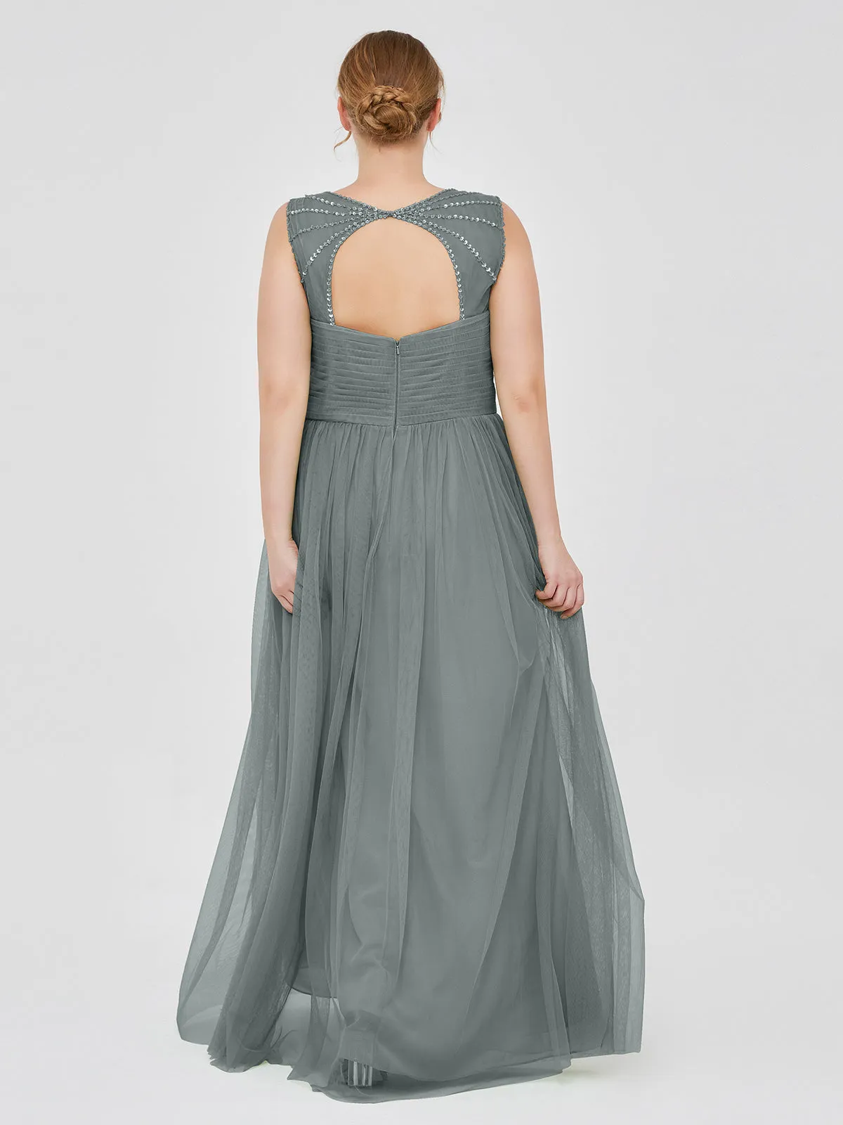 Cross-Pleated Tulle Long Dresses with Beaded Straps Steel Grey
