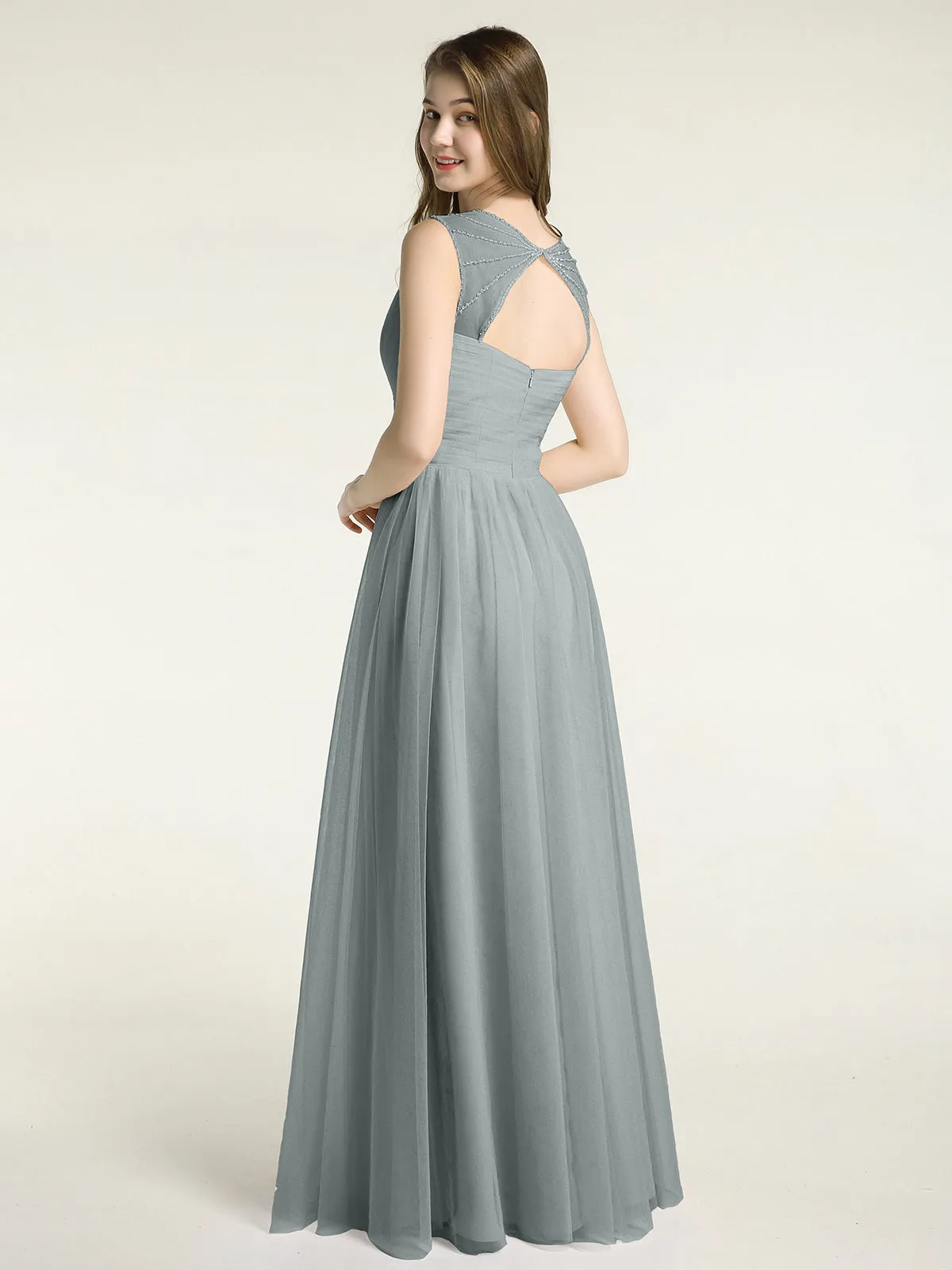 Cross-Pleated Tulle Long Dresses with Beaded Straps Steel Grey