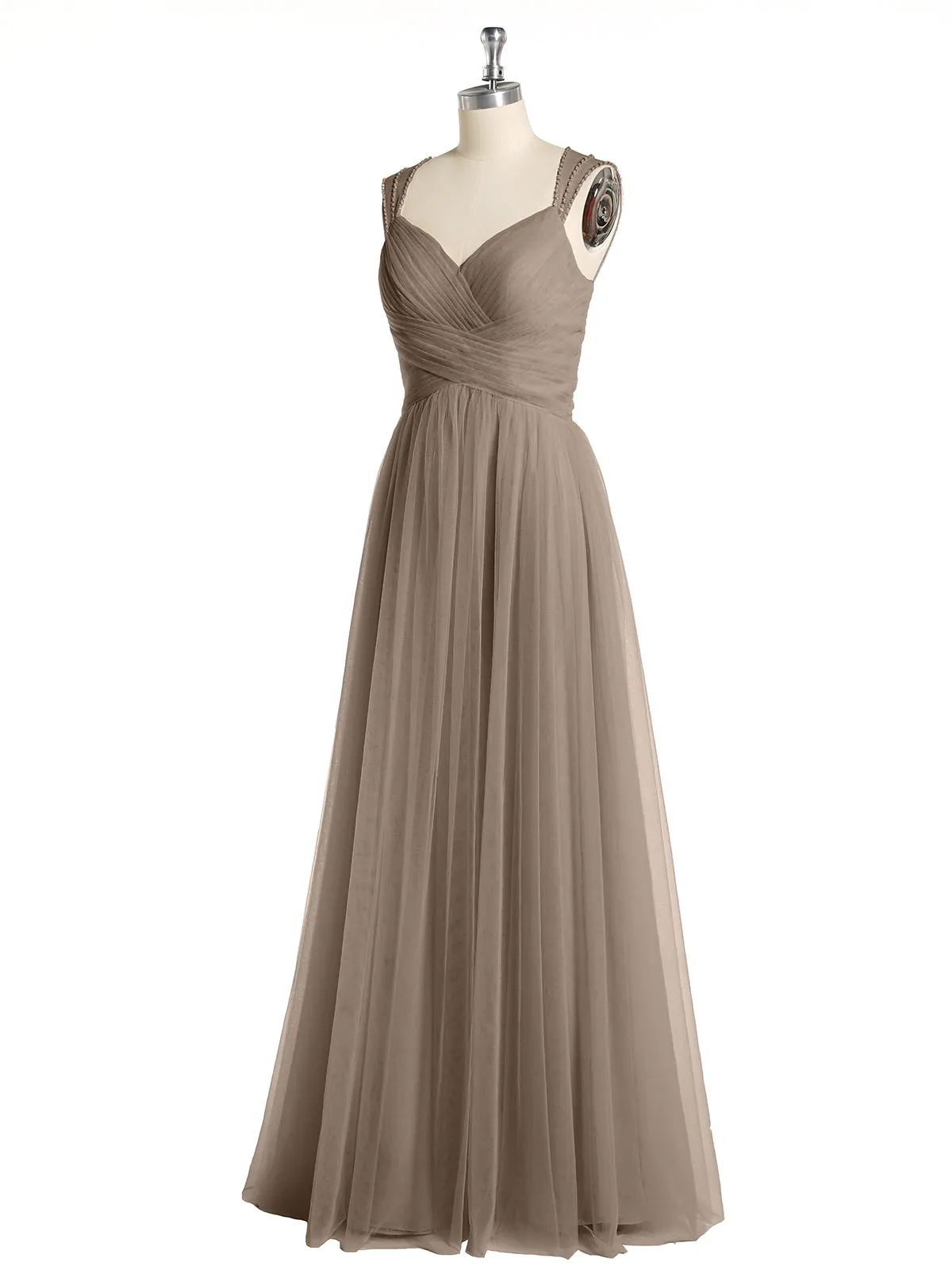 Cross-Pleated Tulle Long Dresses with Beaded Straps Taupe Plus Size