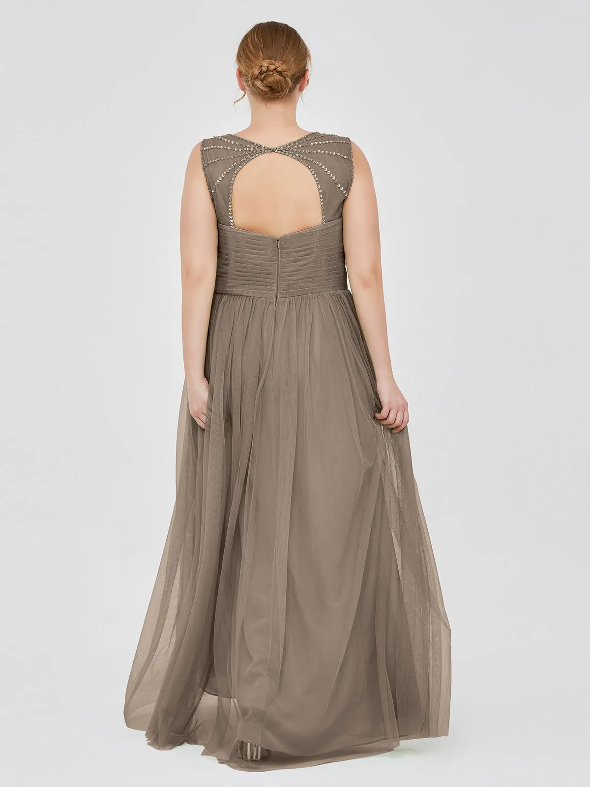 Cross-Pleated Tulle Long Dresses with Beaded Straps Taupe Plus Size