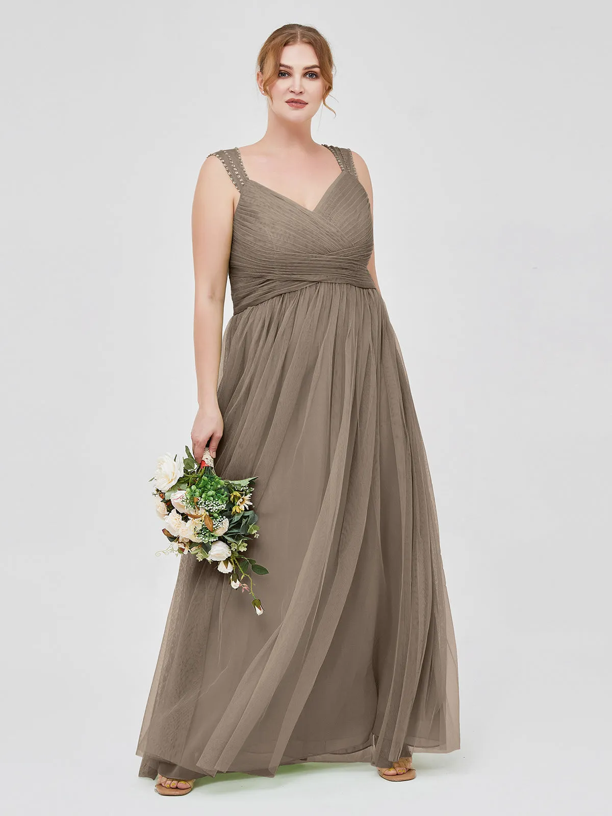 Cross-Pleated Tulle Long Dresses with Beaded Straps Taupe Plus Size