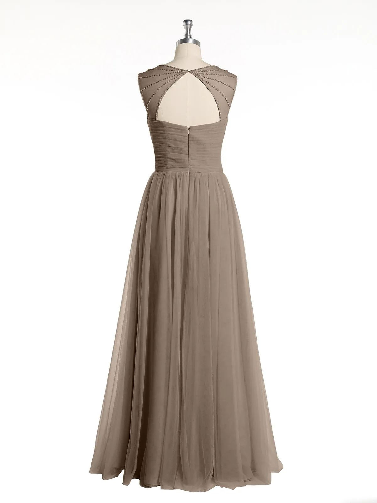 Cross-Pleated Tulle Long Dresses with Beaded Straps Taupe Plus Size