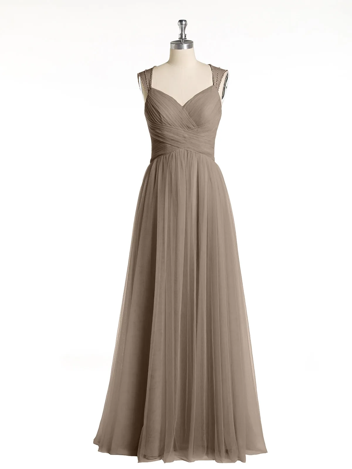 Cross-Pleated Tulle Long Dresses with Beaded Straps Taupe Plus Size