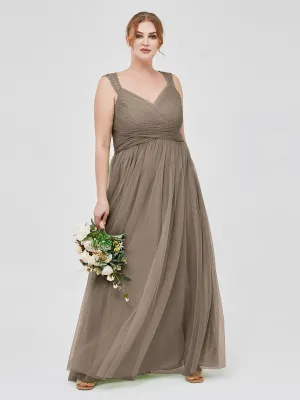 Cross-Pleated Tulle Long Dresses with Beaded Straps Taupe Plus Size