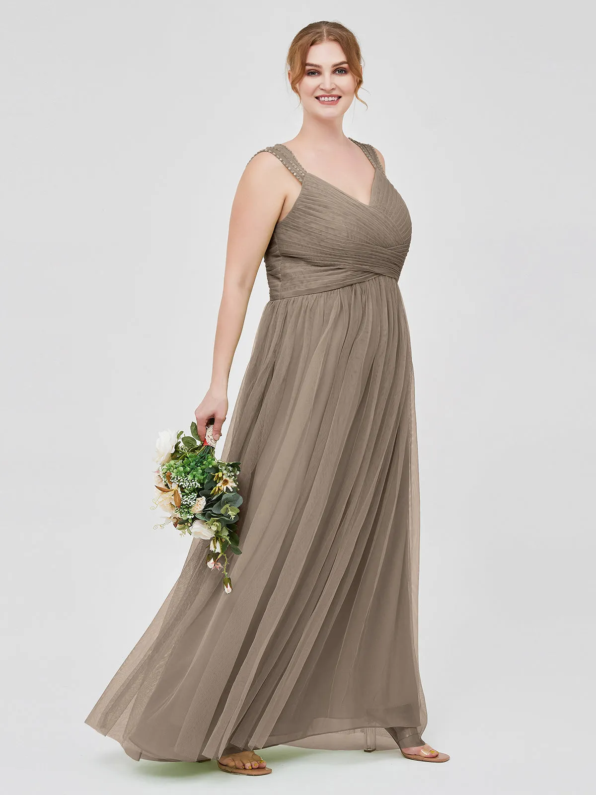 Cross-Pleated Tulle Long Dresses with Beaded Straps Taupe Plus Size