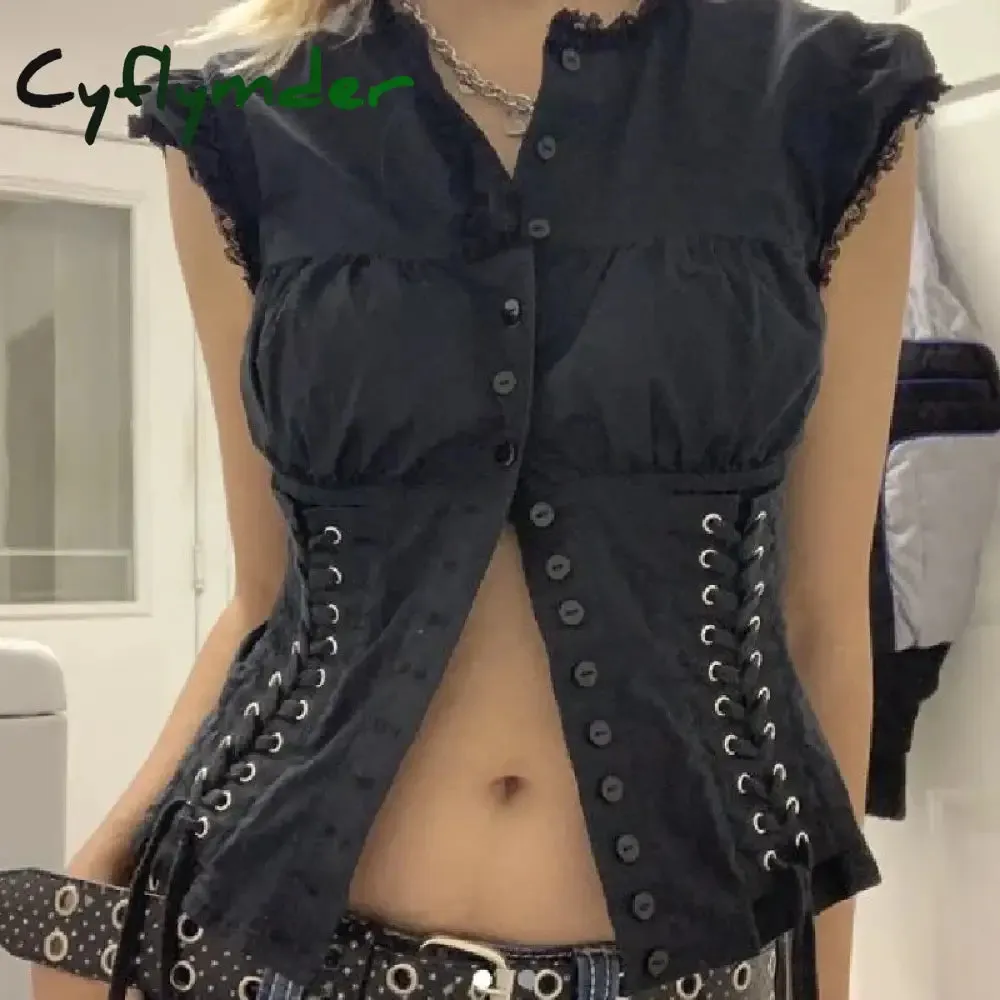 Cyflymder summer inspo Chic Bandage Crop Top Y2k Vintage Grunge Black T-Shirts Women Button Slim Croset Aesthetic Punk Style Gothic Bustiers