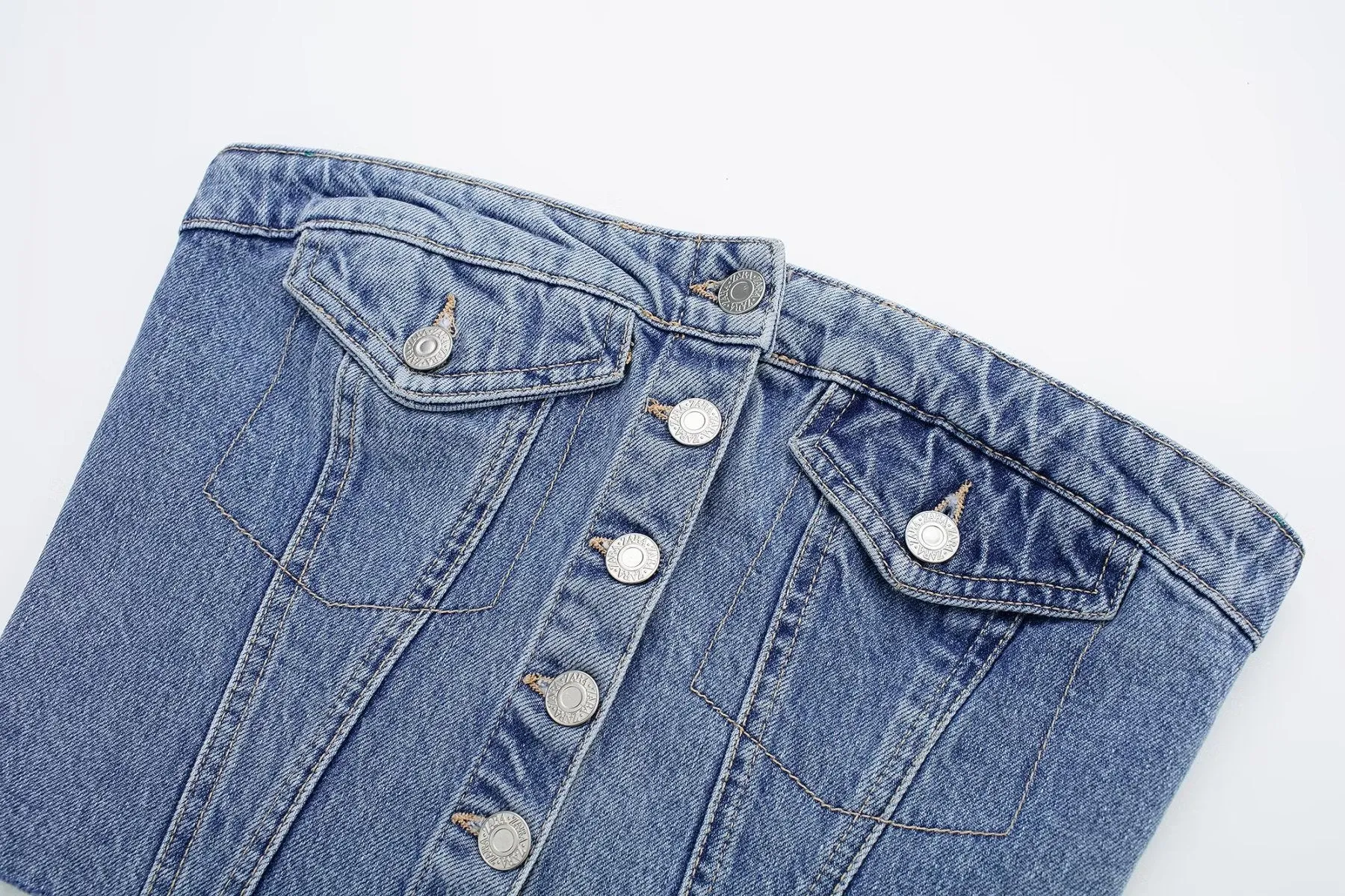 DressBetty - Blue Denim Buttoned Bandeau Top High Street Vintage Slim Female Chic Short Tops