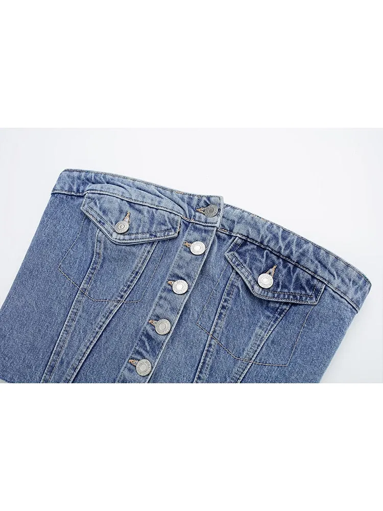 DressBetty - Blue Denim Buttoned Bandeau Top High Street Vintage Slim Female Chic Short Tops