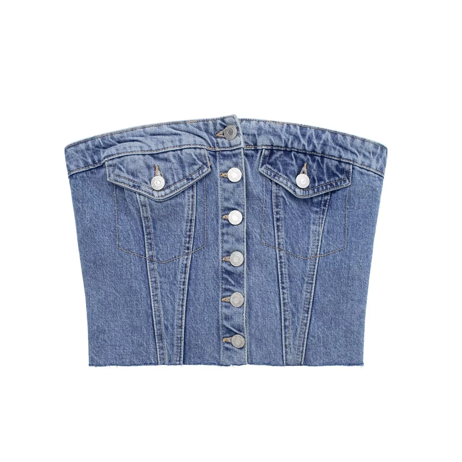 DressBetty - Blue Denim Buttoned Bandeau Top High Street Vintage Slim Female Chic Short Tops