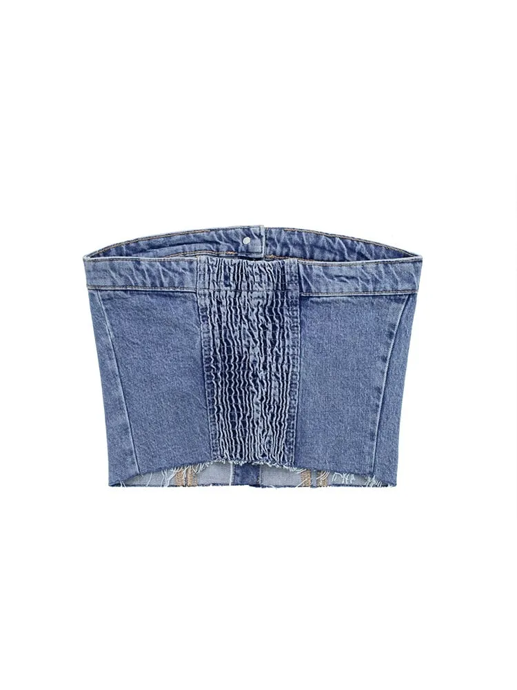 DressBetty - Blue Denim Buttoned Bandeau Top High Street Vintage Slim Female Chic Short Tops