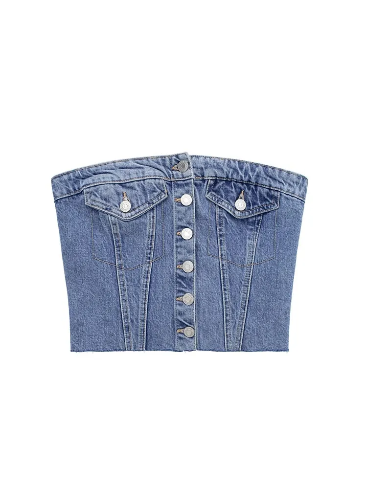 DressBetty - Blue Denim Buttoned Bandeau Top High Street Vintage Slim Female Chic Short Tops