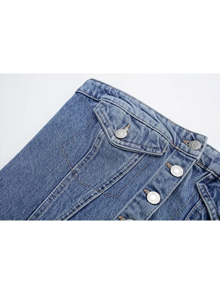 DressBetty - Blue Denim Buttoned Bandeau Top High Street Vintage Slim Female Chic Short Tops