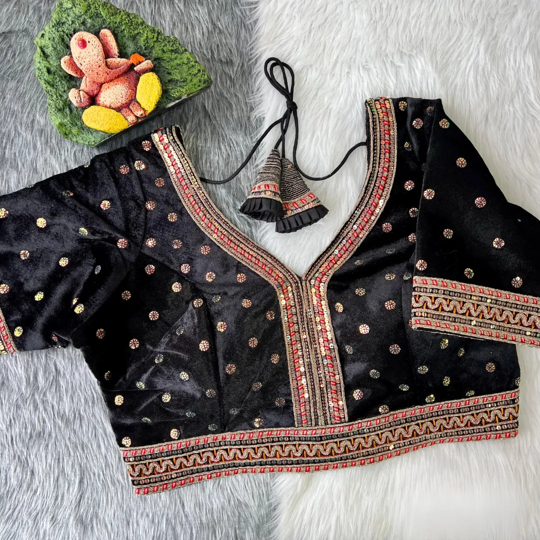 Elegant Black Color Heavy Pure Soft Velvet Readymade Blouse For Women
