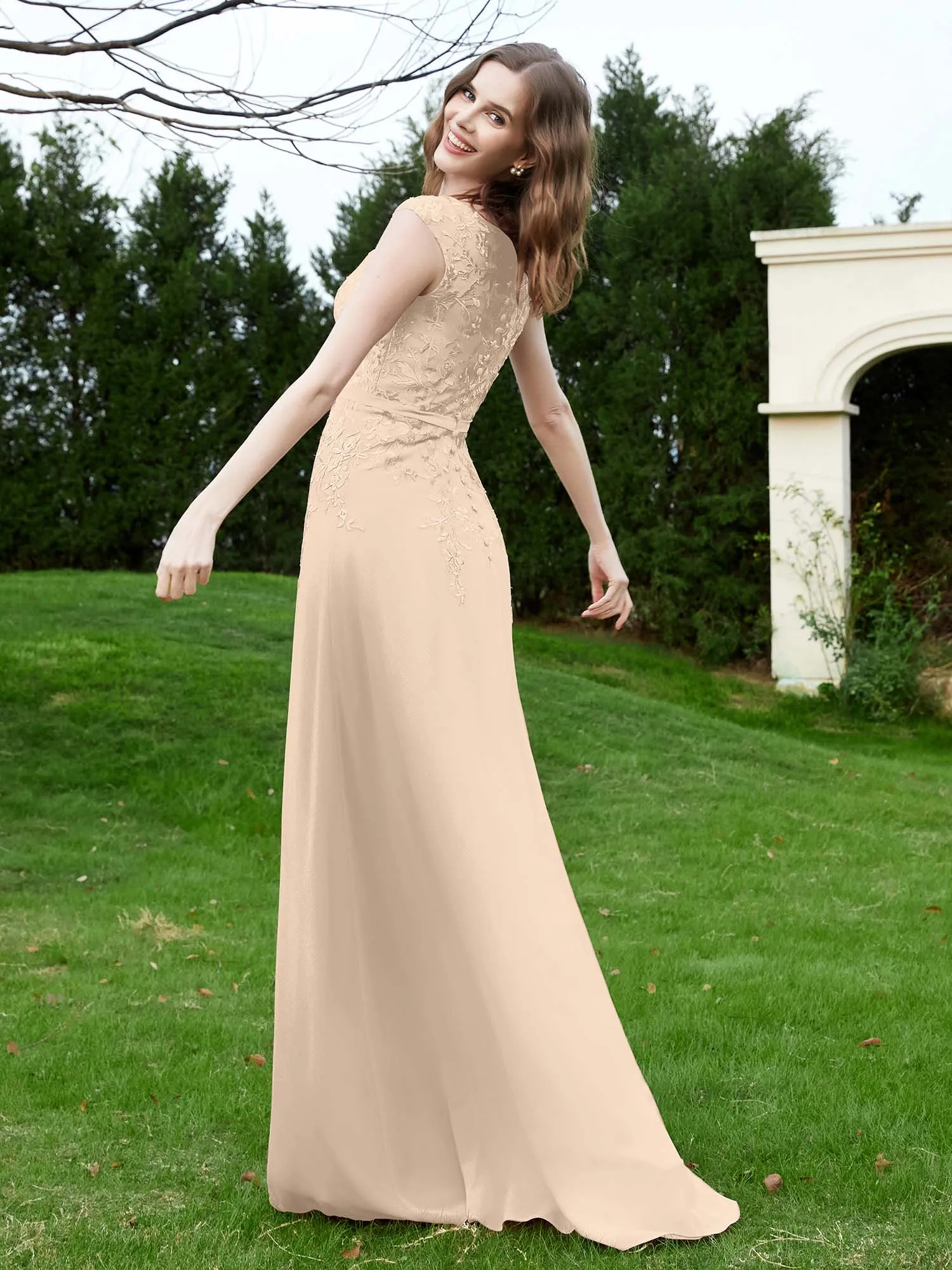 Elegant Illusion Lace Appliqued Dress With Buttons Champagne Plus Size