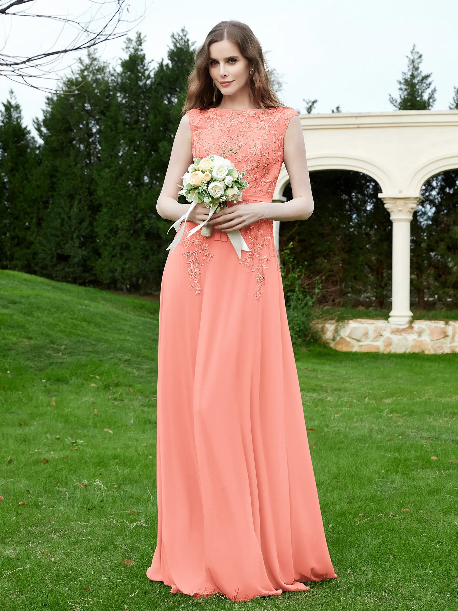 Elegant Illusion Lace Appliqued Dress With Buttons Sunset